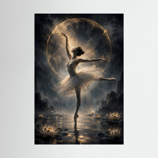 Hochformatiges Poster: Ballerina im goldenen Licht, tanzend über Wasser und Lotusblüten