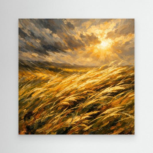 Leinwandbild goldenes Getreidefeld mit Sonnenlicht und goldenen Halmen im Wind