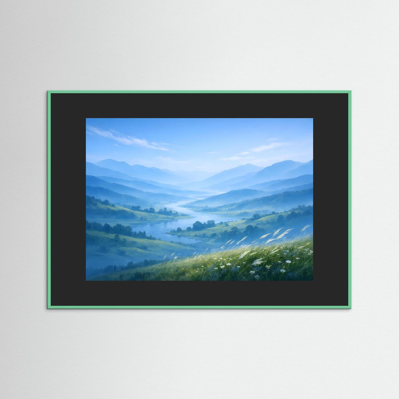 Poster mit Berglandschaft im Nebeltal, schwarzer Rahmen, grüne Umrandung