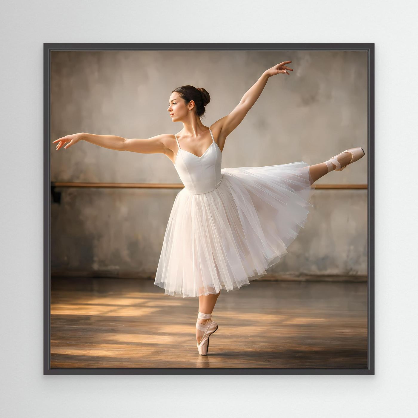 Ballett-Leinwandbild mit Ballerina im weißen Tutu, schwarzer Rahmen