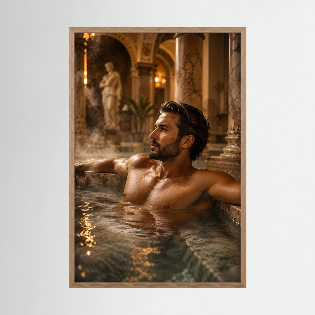 Poster im Hochformat mit hellem Holzrahmen: Mann im Thermalbad, Blick nach rechts