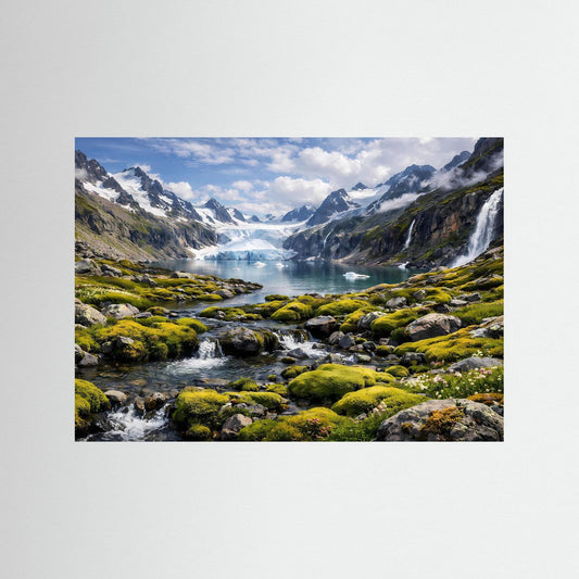 Naturposter mit Gletschersee und Wasserfall in Berglandschaft, ohne Rahmen