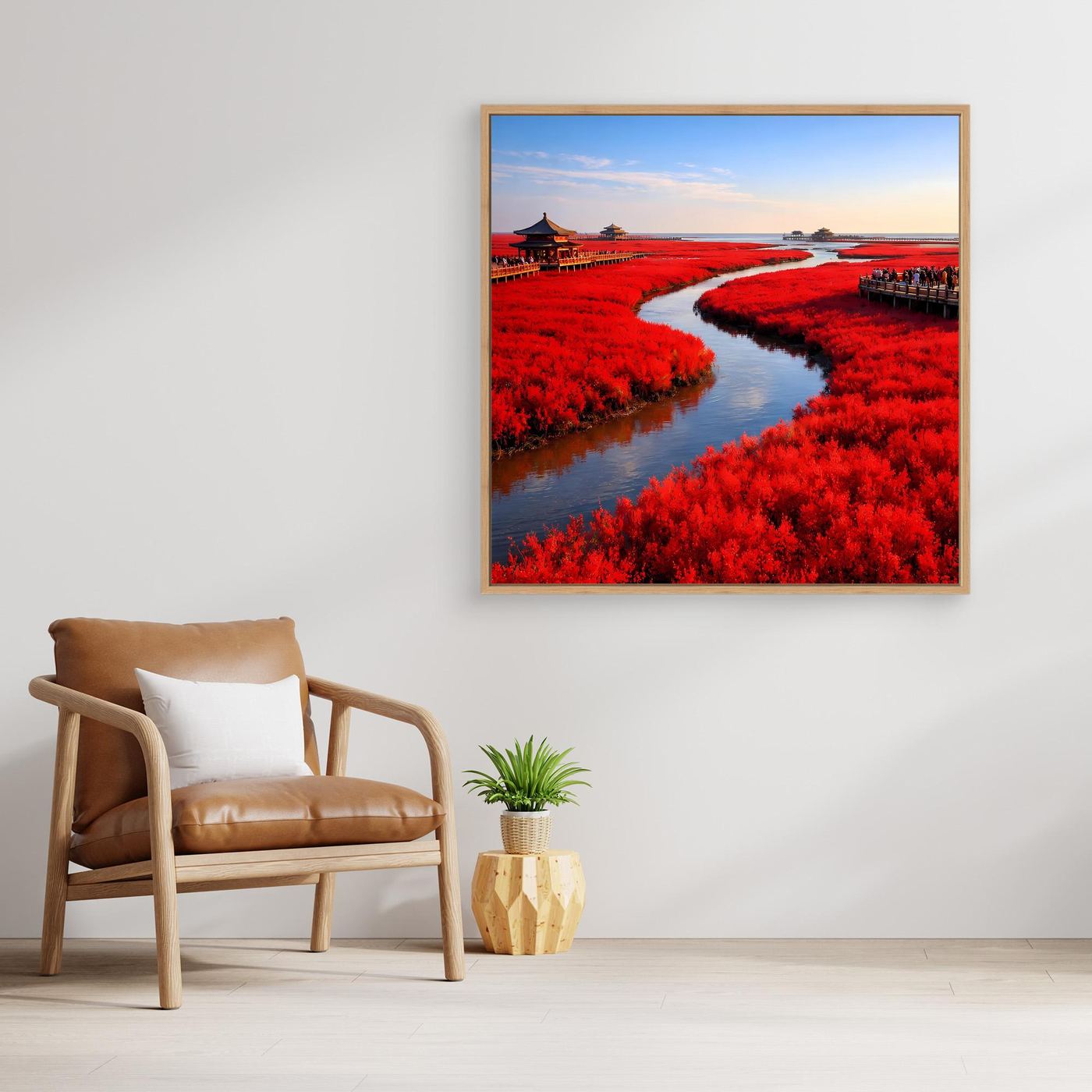 Leinwandbild mit rotem Fluss und roter Ufervegetation, mit hellem Holzrahmen.