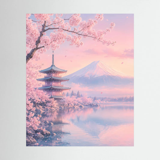Poster im Hochformat mit Kirschblüten, Fuji und Pagode in Pastellrosa
