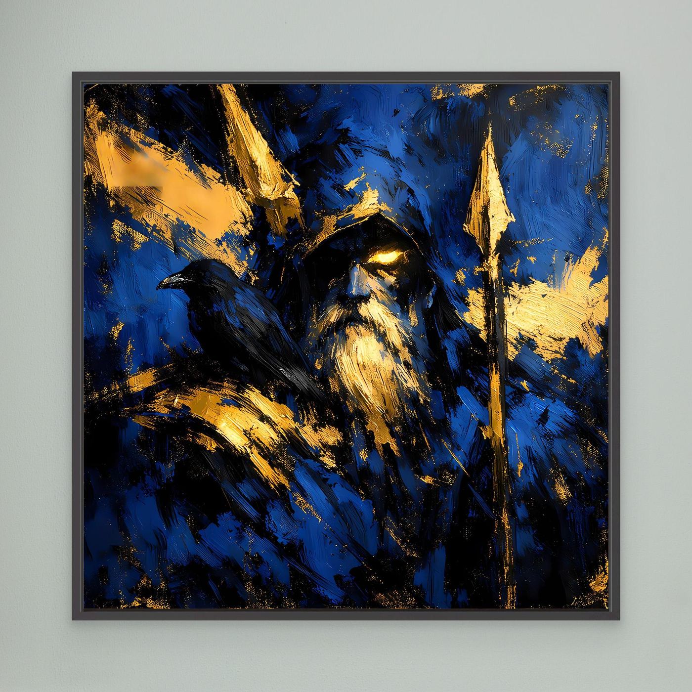 Leinwand Odin der Allvater in Blau und Gold | Modernes Nordische Mythologie Wandbild mit Rabe