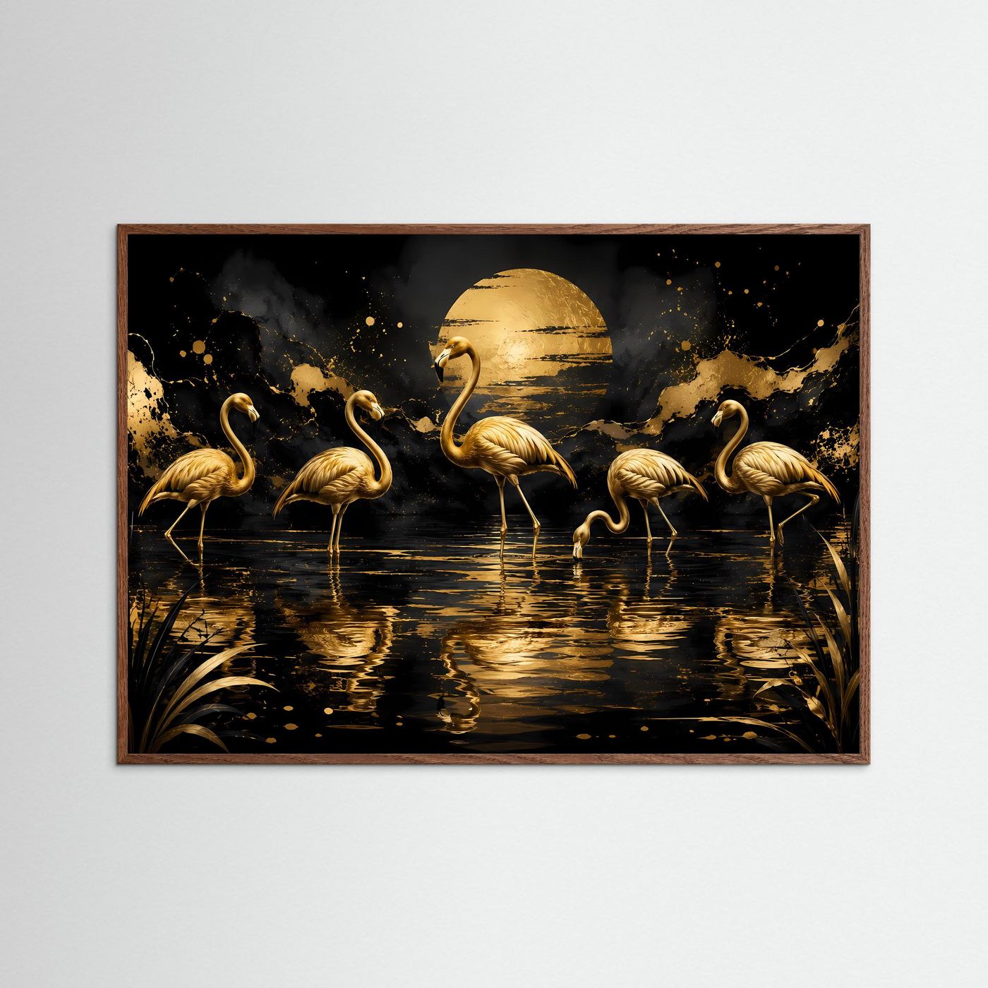 Querformat-Wandbild mit goldenen Flamingos, brauner Holzrahmen
