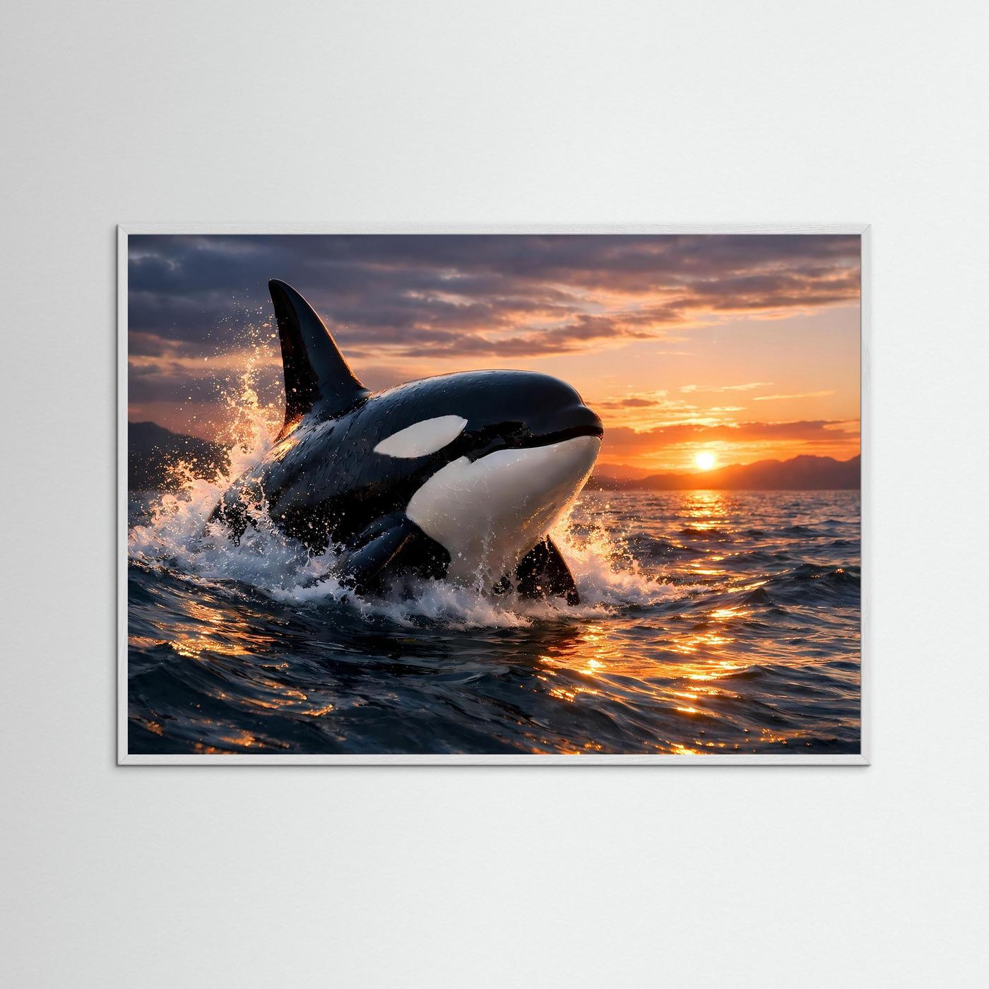 Querformat-Poster mit springender Orca über den Wellen bei Sonnenuntergang, grauer Rahmen