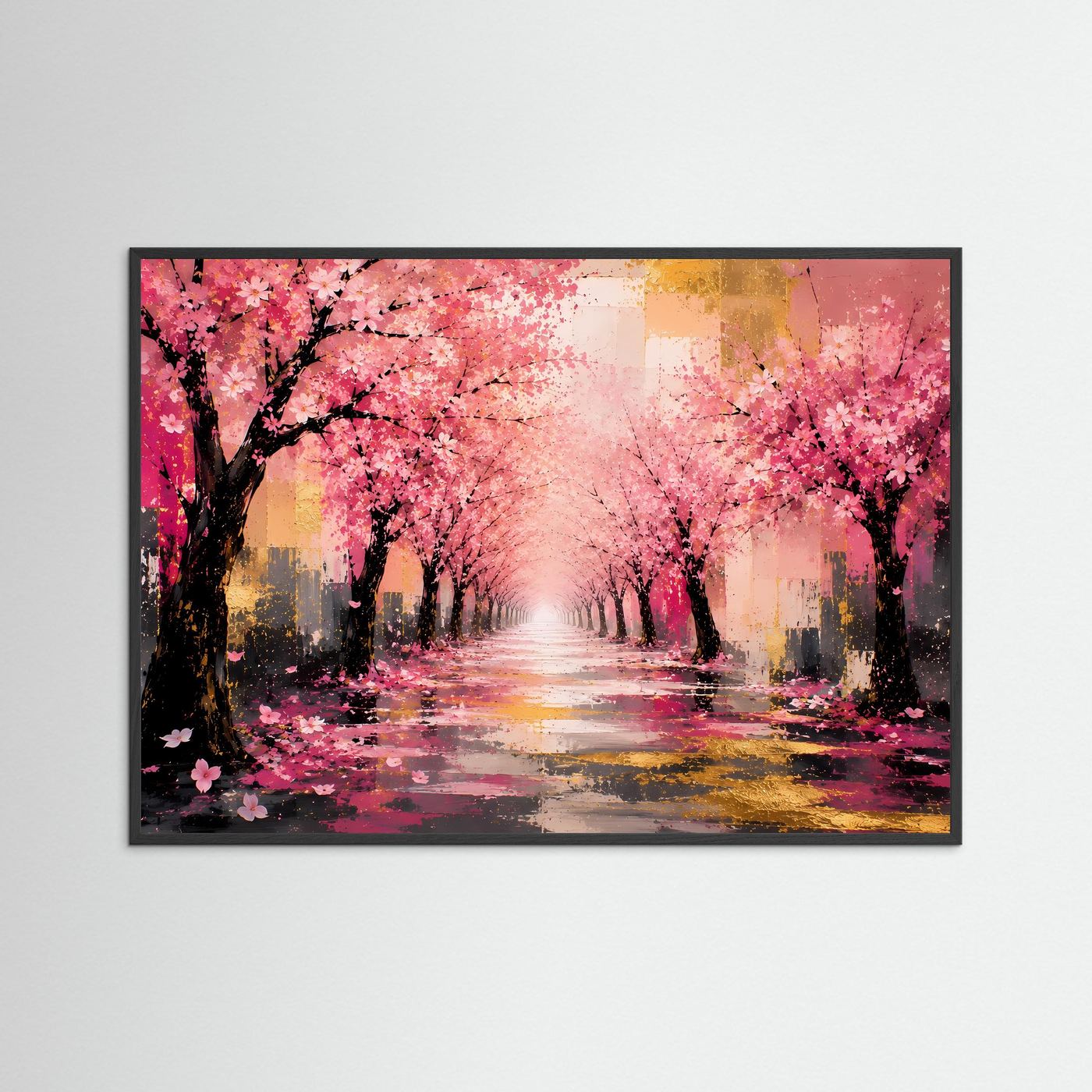 Kirschblütenallee in Rosa & Gold | Abstraktes Frühlings-Wandbild in Premiumqualität