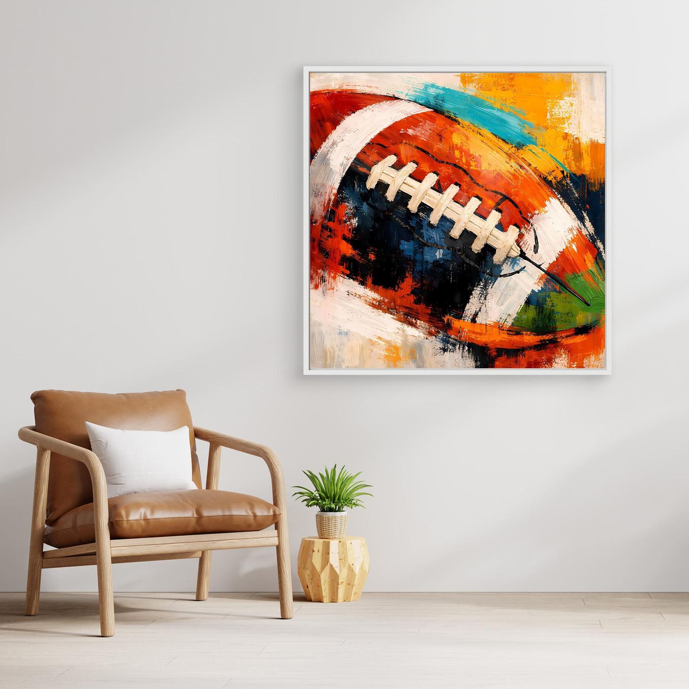 Leinwandbild mit abstraktem Football in kräftigen Farben im weißen Rahmen