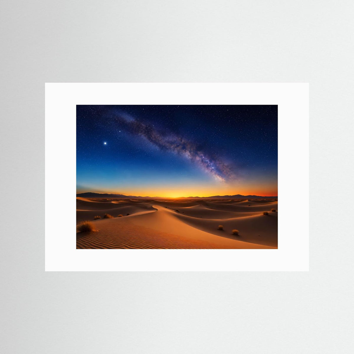 Poster im Querformat mit weißem Passepartout, Sternenhimmel über Sanddünen