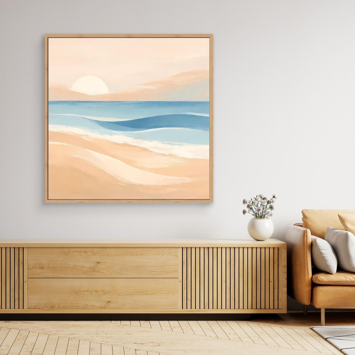 Leinwandbild Strand-Sonnenuntergang, abstraktes Meer in Pastellfarben mit Eichenholzrahmen