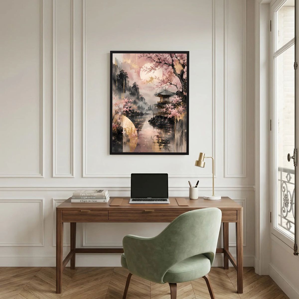 Hochformatiges Poster mit Kirschblüten und Tempel am See, sanfte Rosa- und Goldtöne
