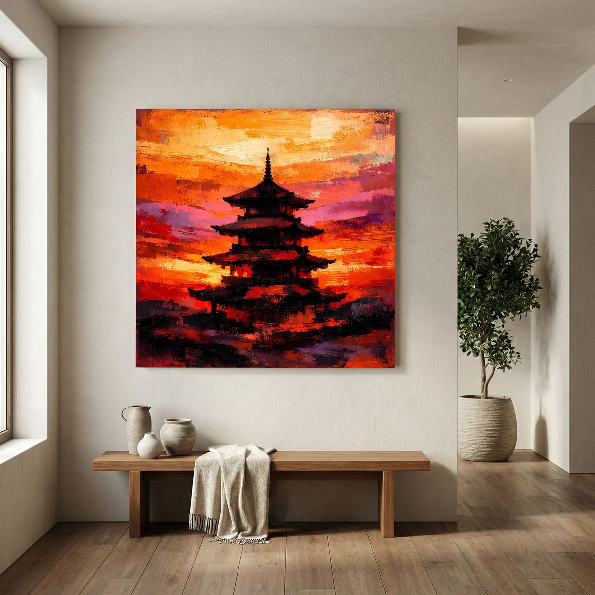 Leinwandbild mit japanischer Pagode, dunkles Pagodenmotiv vor abstrakten Orange- und Pinktönen