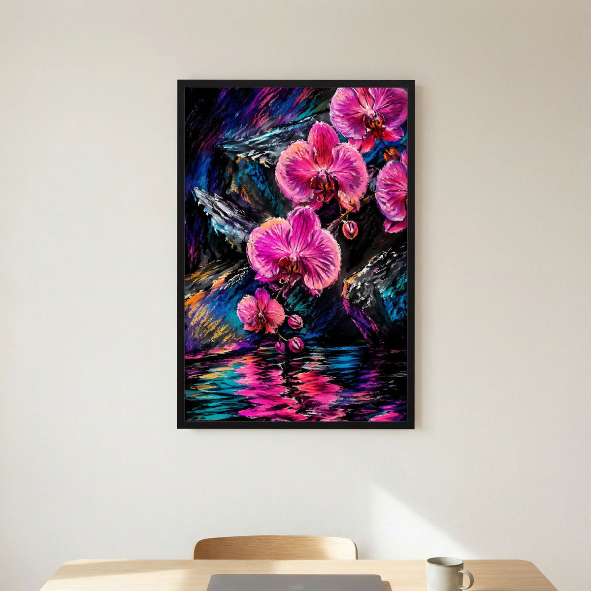 Abstraktes Orchideen-Poster mit pinken Blüten über dunklem Farbspiel, schwarzer Rahmen.