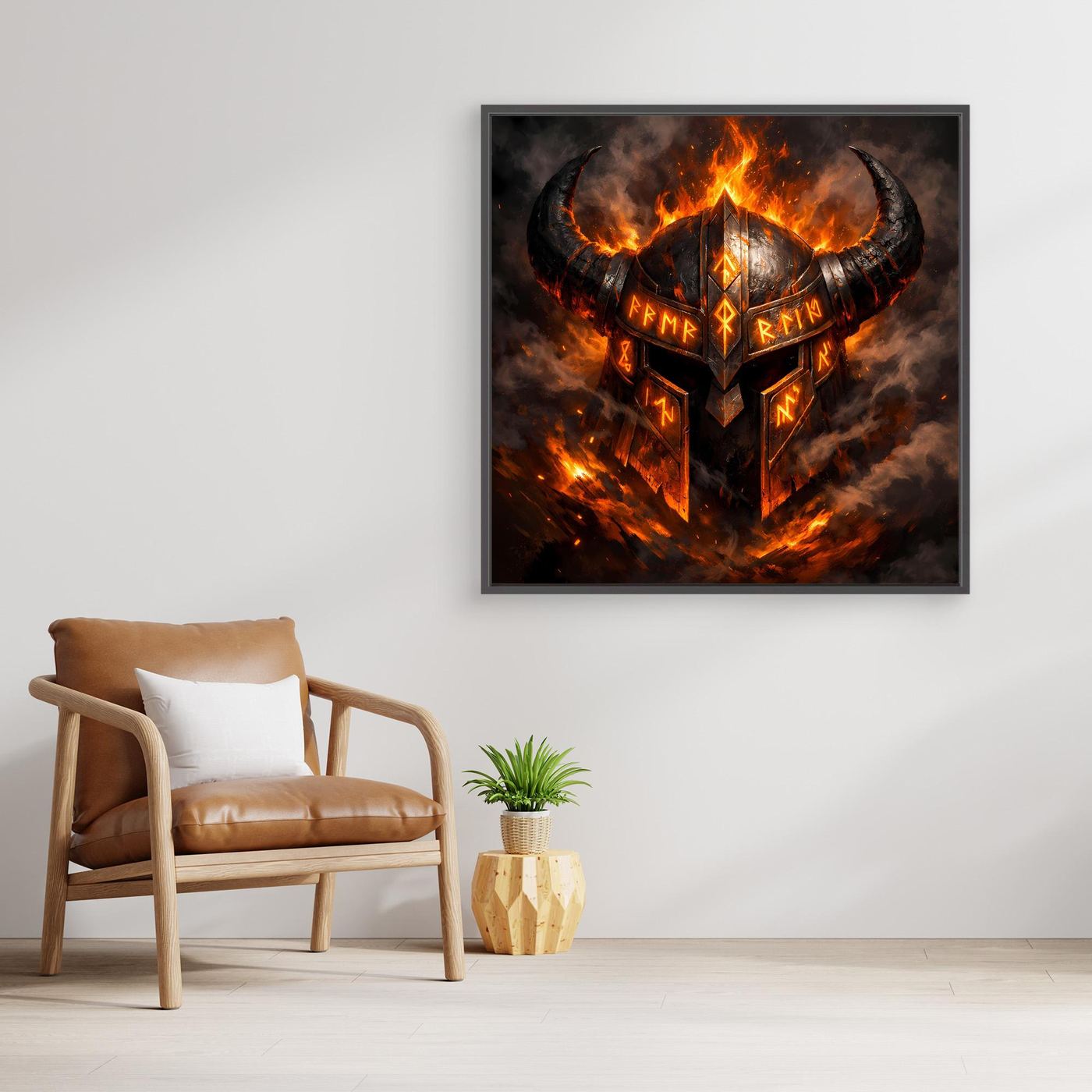 Gerahmtes Leinwandbild mit flammendem Wikingerhelm und Runen, kontrastreiches Dunkelrot