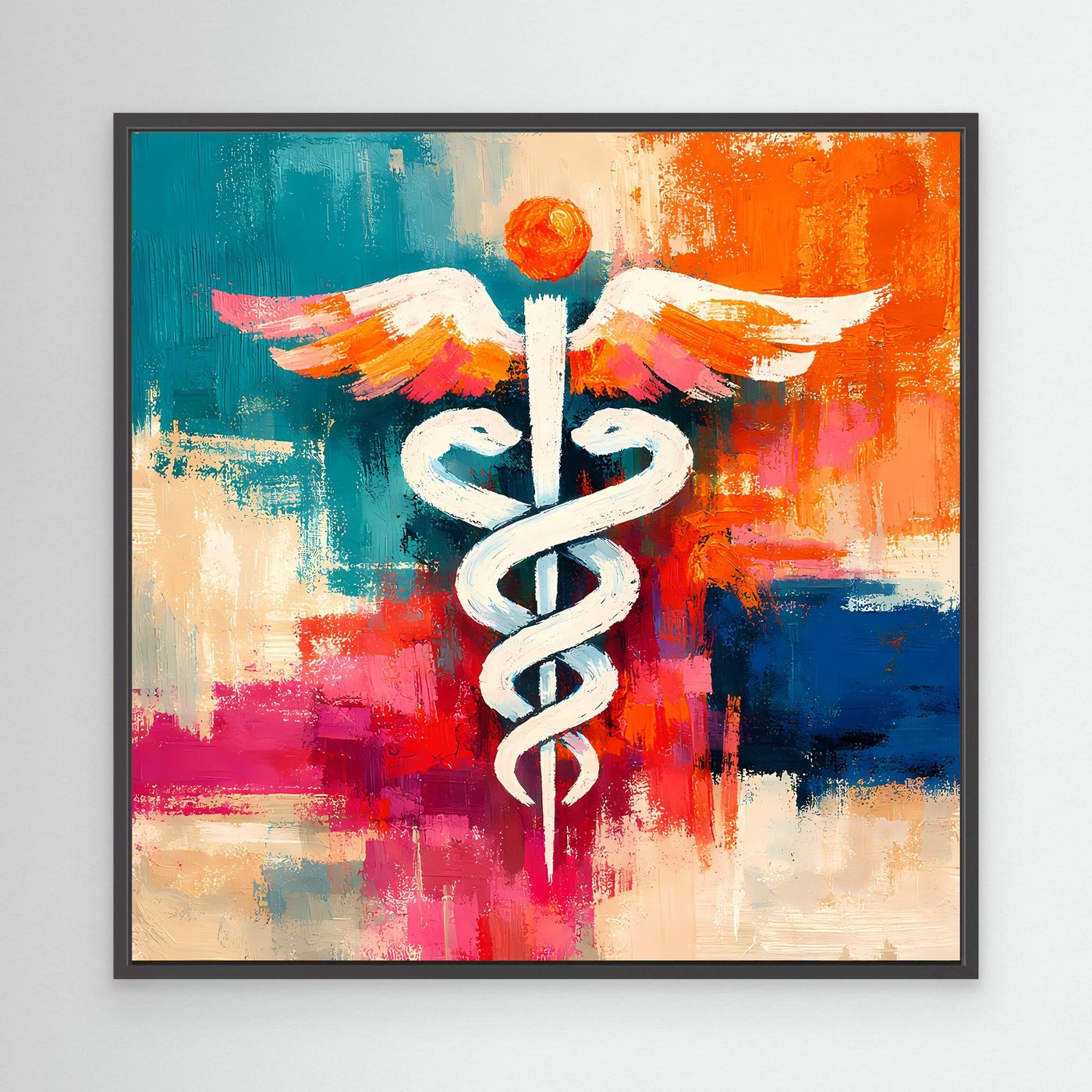 Abstract medical wall art with white caduceus and wings in a black frame