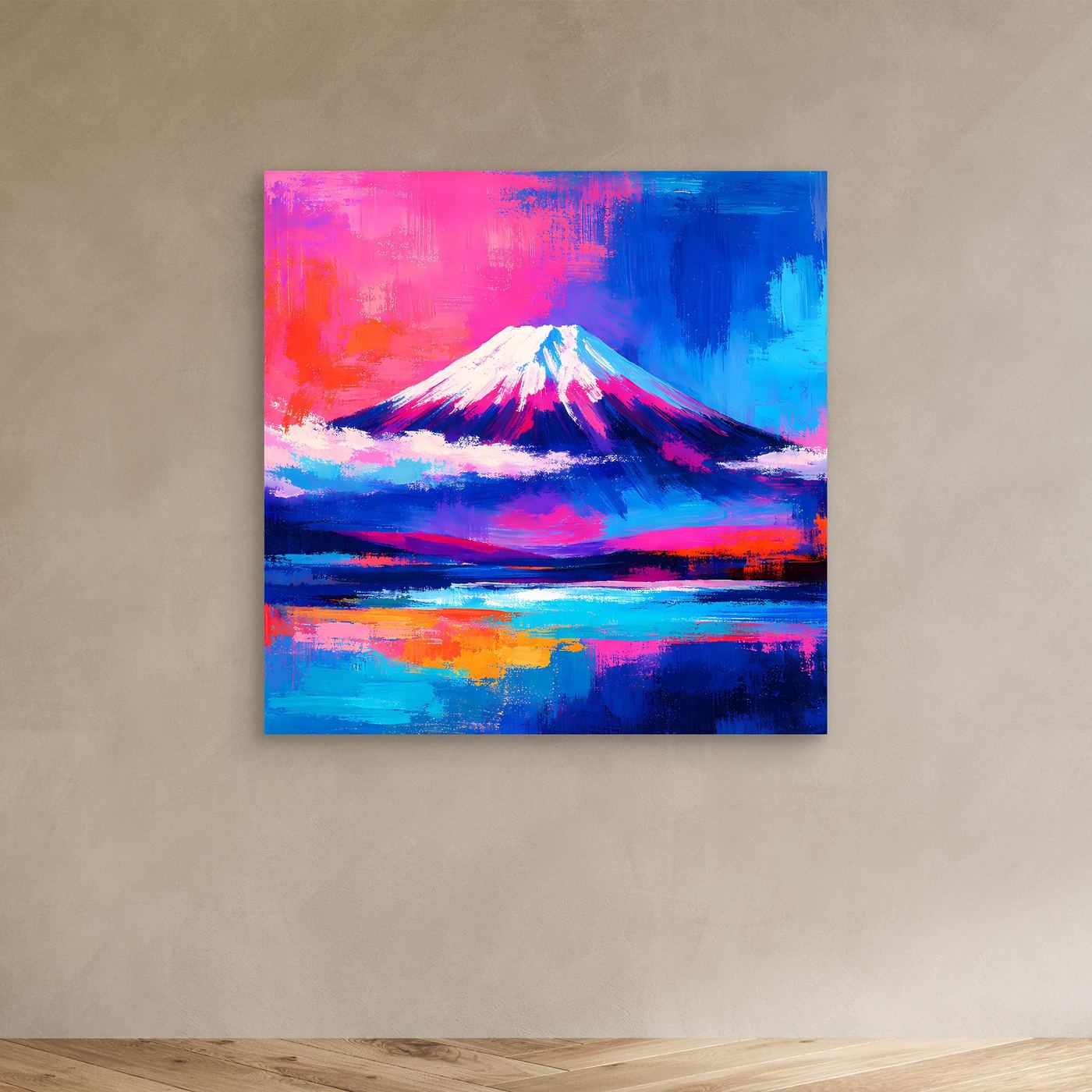 Leinwandbild Abstrakter Fuji bei Sonnenuntergang | Farbenfrohes Berg Wandbild auf echtem Holzkeilrahmen