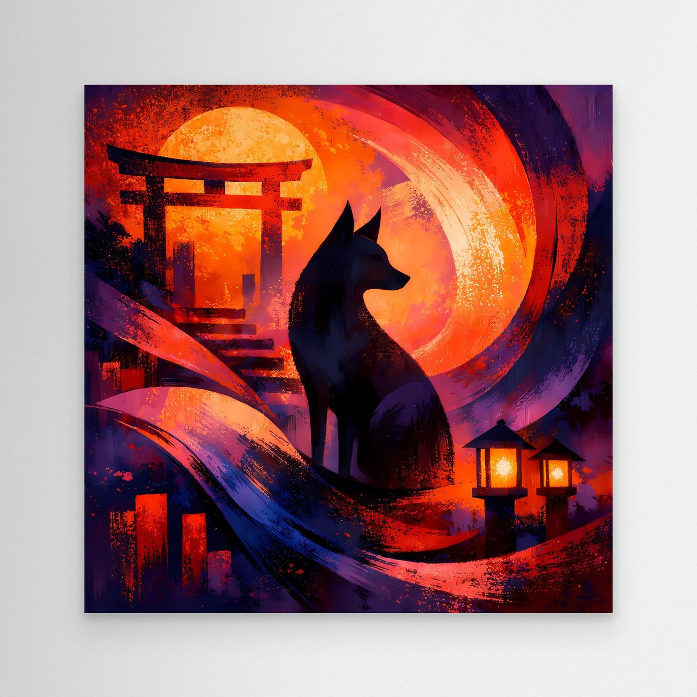 Abstraktes Leinwand-Wandbild: Kitsune vor Torii, Mondsichel und Laternen
