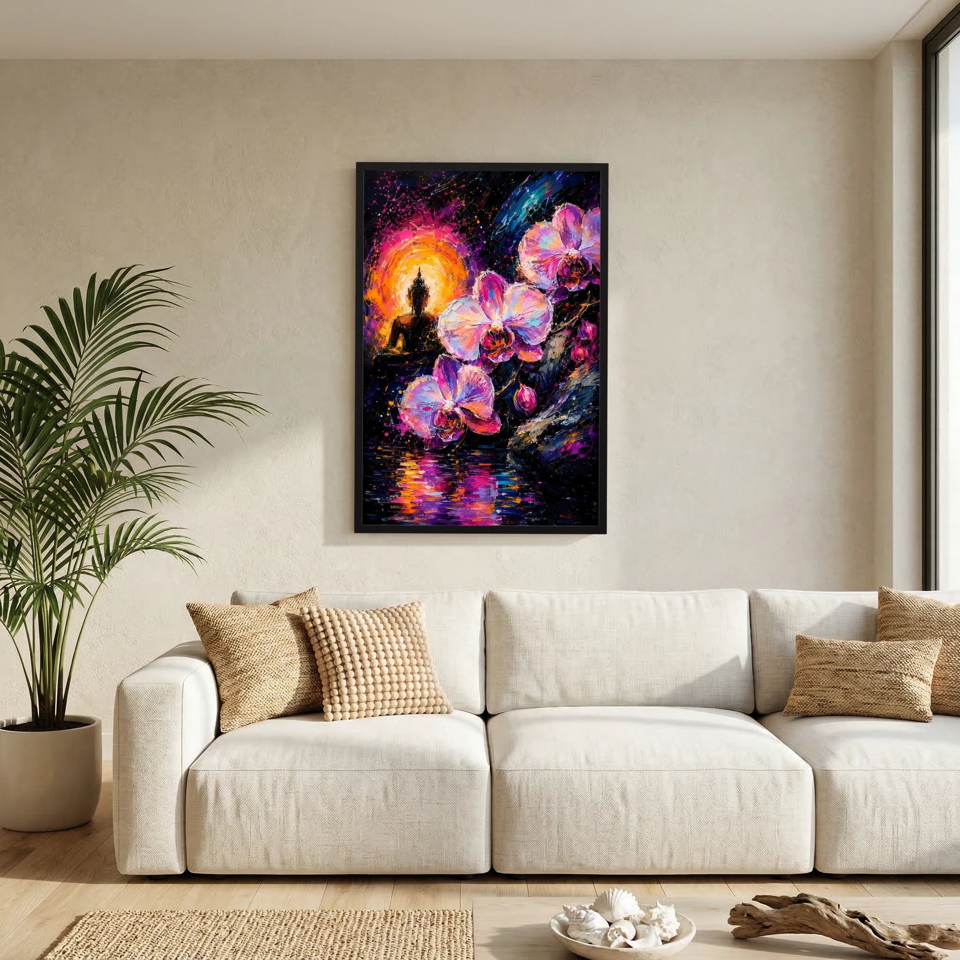 Poster mit Buddha- und Orchideenmotiv in Neonfarben, im schwarzen Rahmen