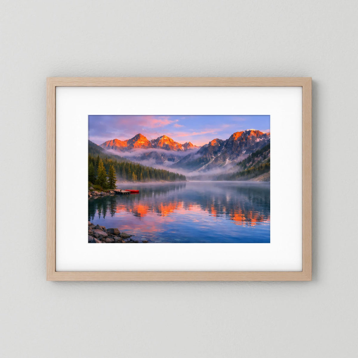 Wandbild mit Holzrahmen: Berglandschaft bei Sonnenuntergang, Spiegelung im See