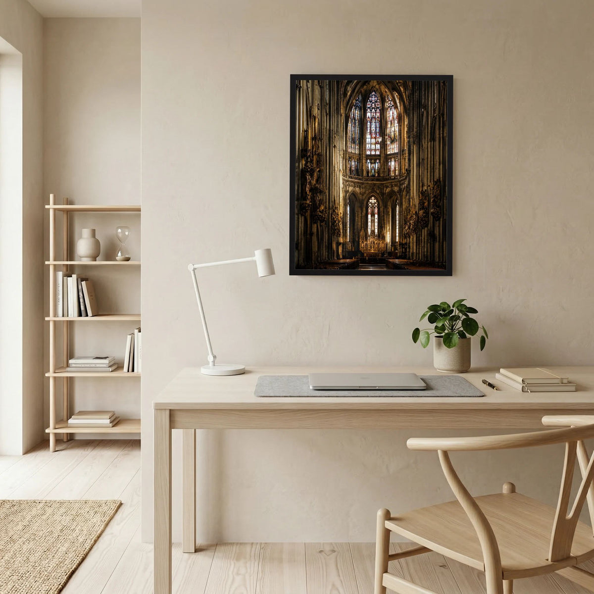 Gerahmtes Kunstposter mit gotischem Kircheninnenraum und Buntglasfenstern, schwarz
