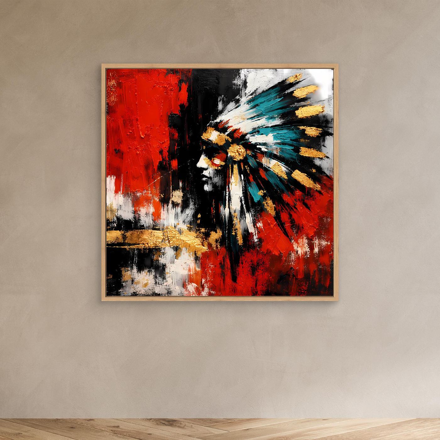 Gerahmtes Leinwand-Wandbild mit abstraktem Porträt in Rot, Schwarz und Türkis, brauner Rahmen