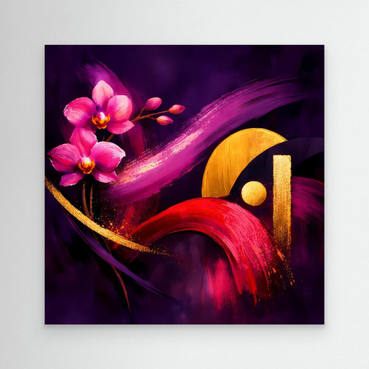 Leinwandbild mit abstrakten Orchideen, pinken Blüten und goldenen Akzenten auf dunkellila