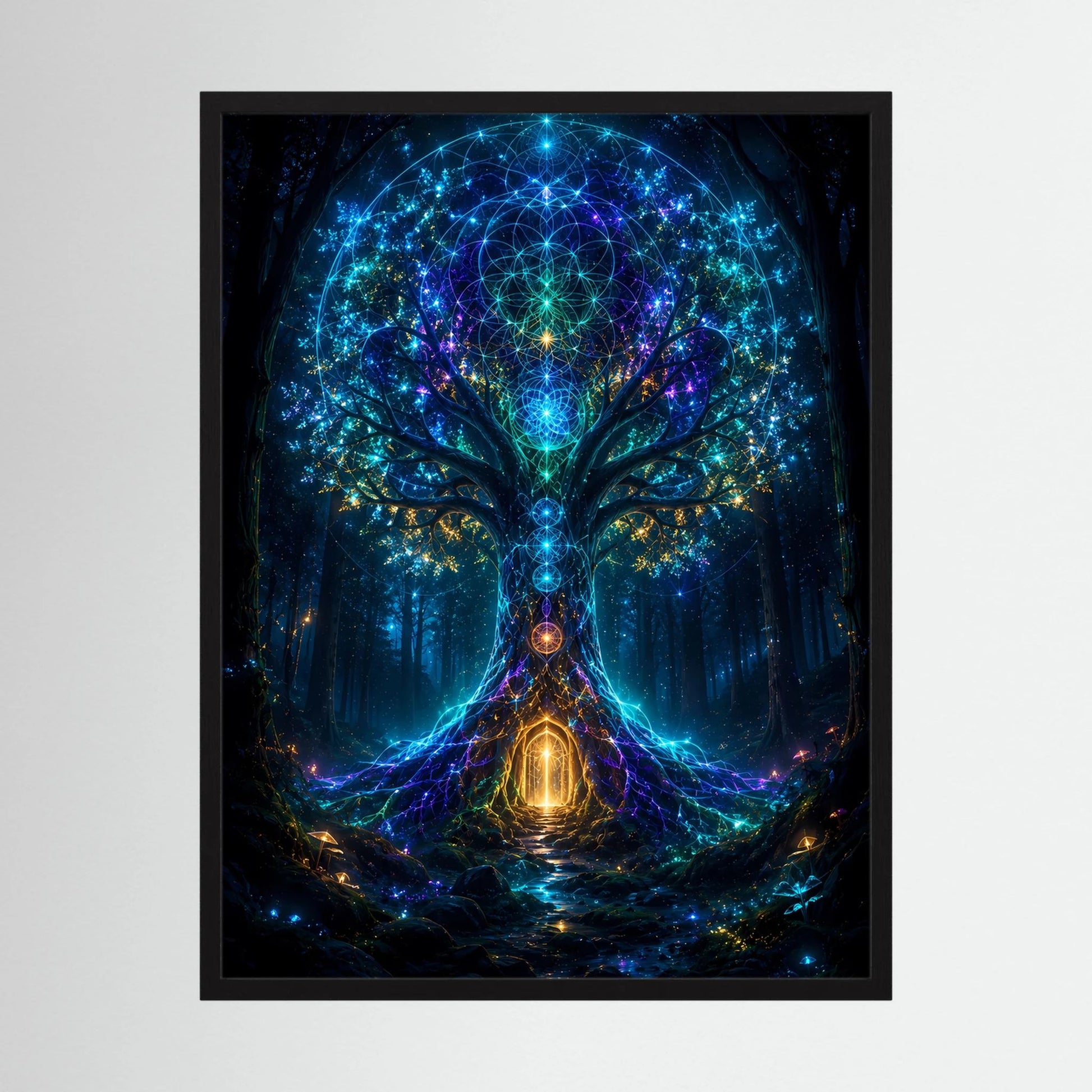 Poster im Hochformat mit mystischem Portal und leuchtendem Baum in blauen Farbtönen, schwarz gerahmt