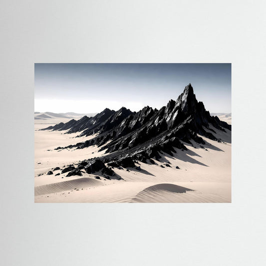 Querformat Poster mit Wüstenlandschaft und schwarzem Felsmassiv, dünner blauer Rahmen