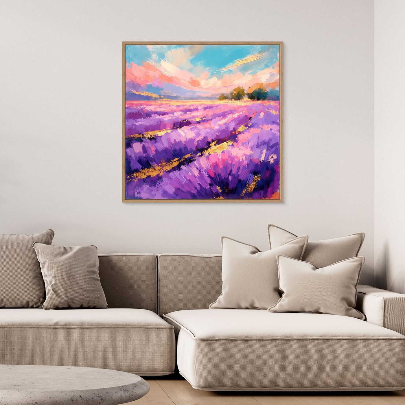 Gerahmtes abstraktes Leinwandbild mit Lavendelfeld in Violett und goldenen Farbtönen