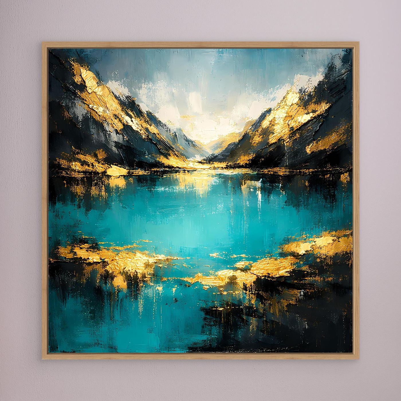Abstraktes Leinwand-Wandbild mit türkis-goldenem Bergsee im hellbraunen Holzrahmen