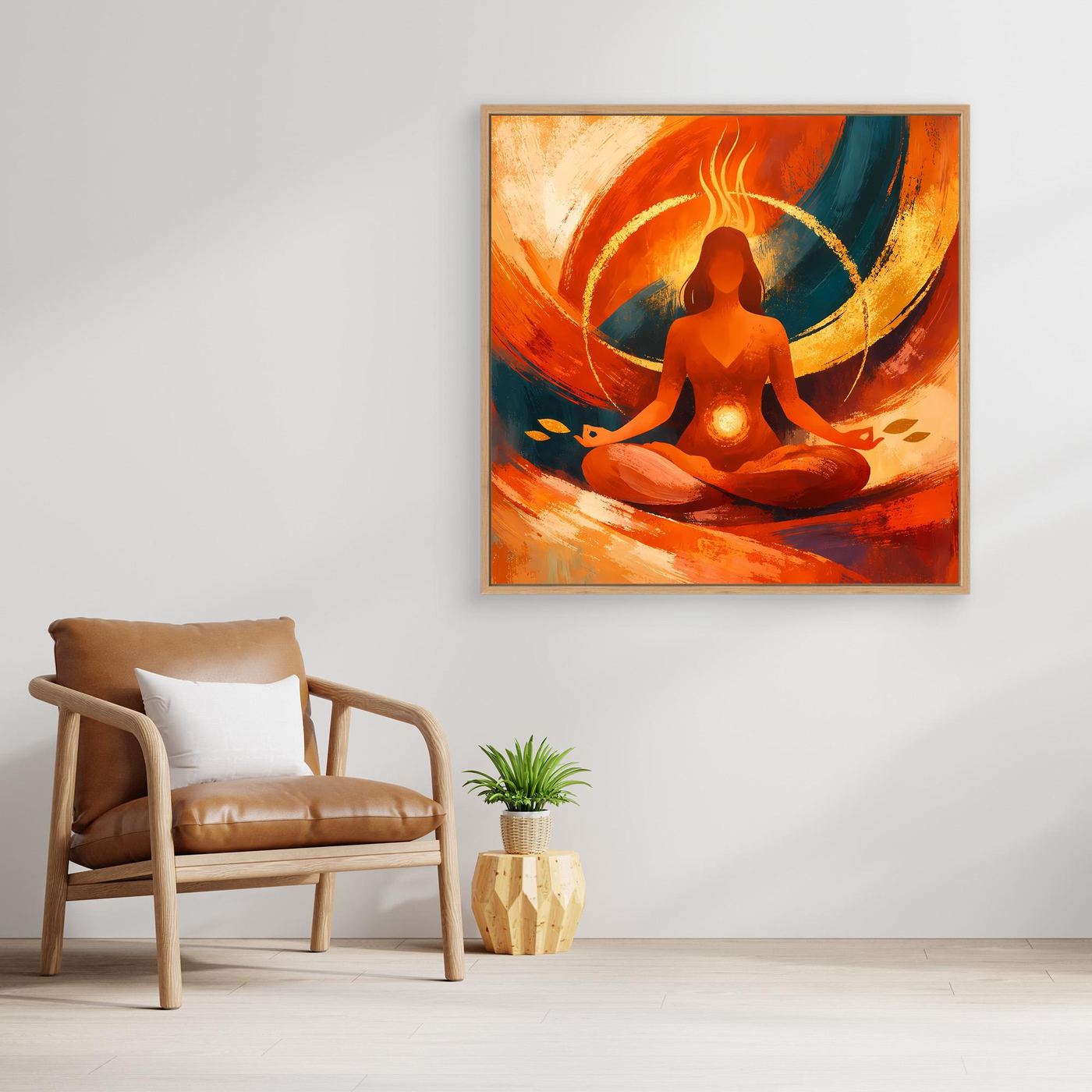 Gerahmtes abstraktes Leinwandbild: Meditierende Figur im farbigen Feuerkreis, orange und türkis, goldene Akzente