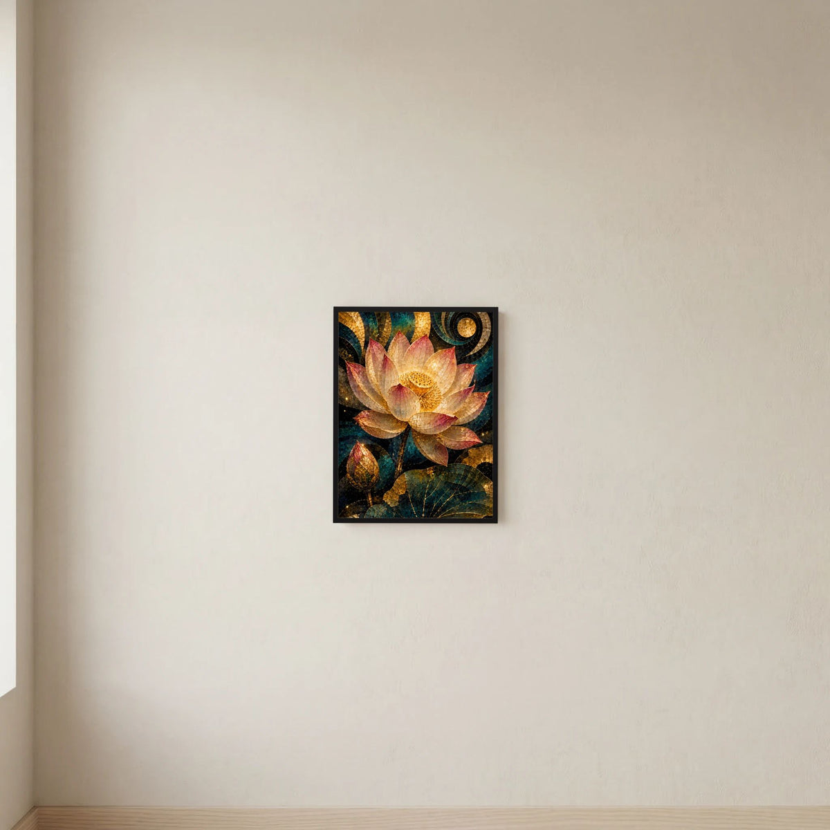 Hochformat-Poster mit Lotusblüte im Mosaikstil, Gold, Petrol und Rosa, schwarzer Rahmen