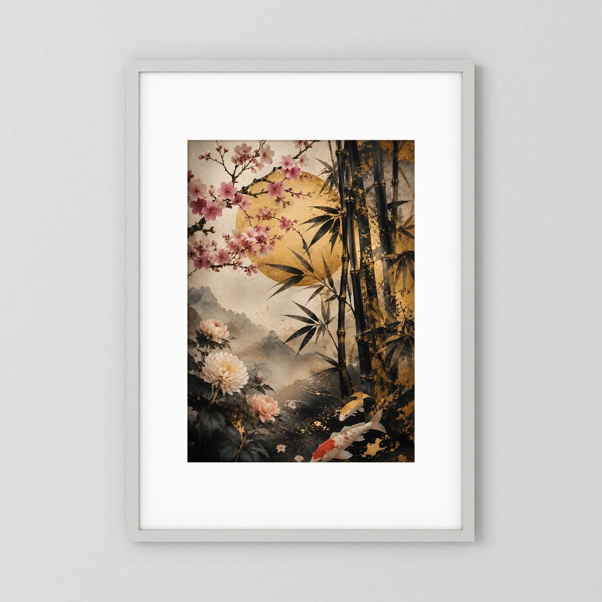 Gerahmtes Hochformat-Japanposter mit Kirschblüten und Bambus in Schwarz-Gold
