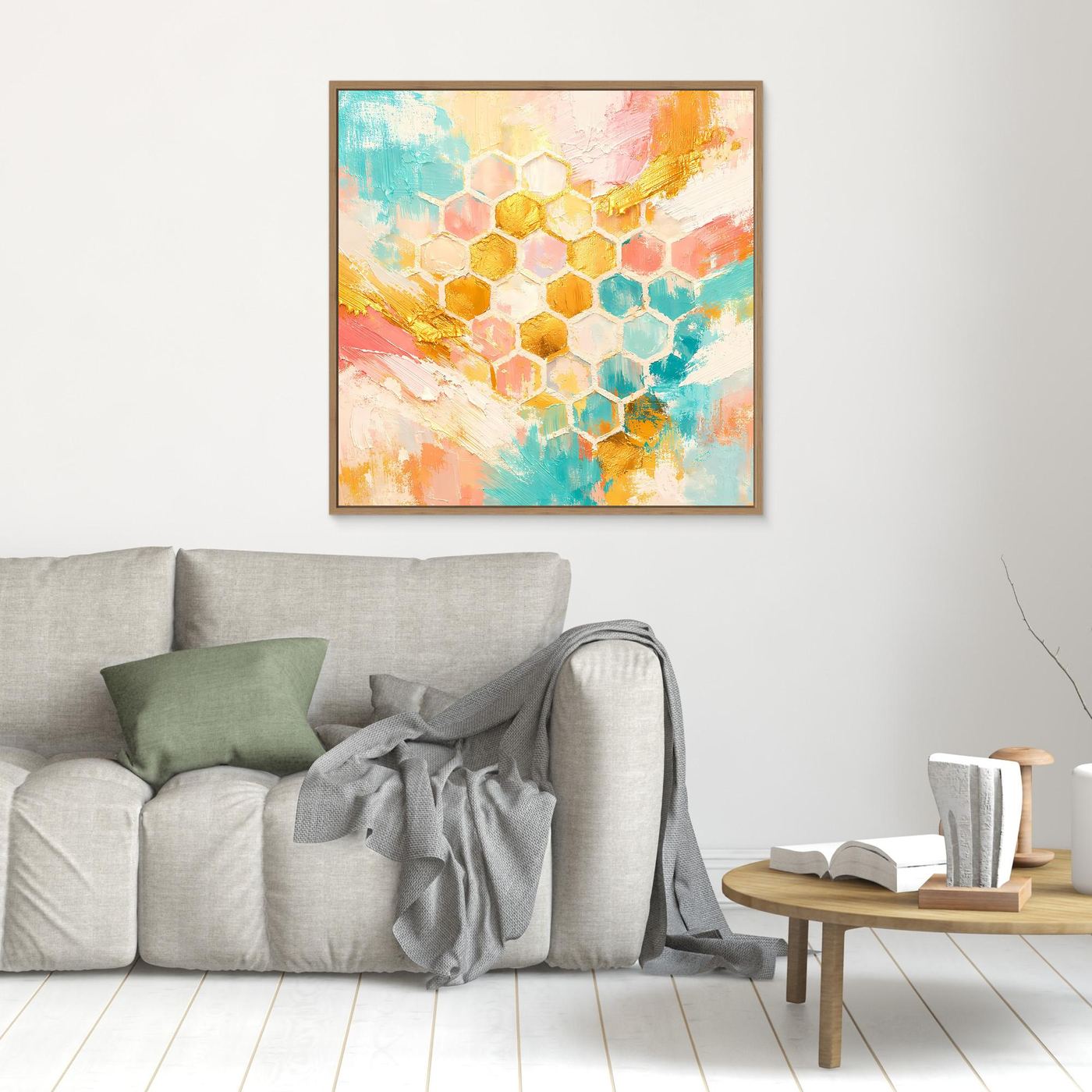 Abstraktes Bienenwaben-Leinwandbild mit Goldakzenten, goldbraun gerahmt, Pastellfarben