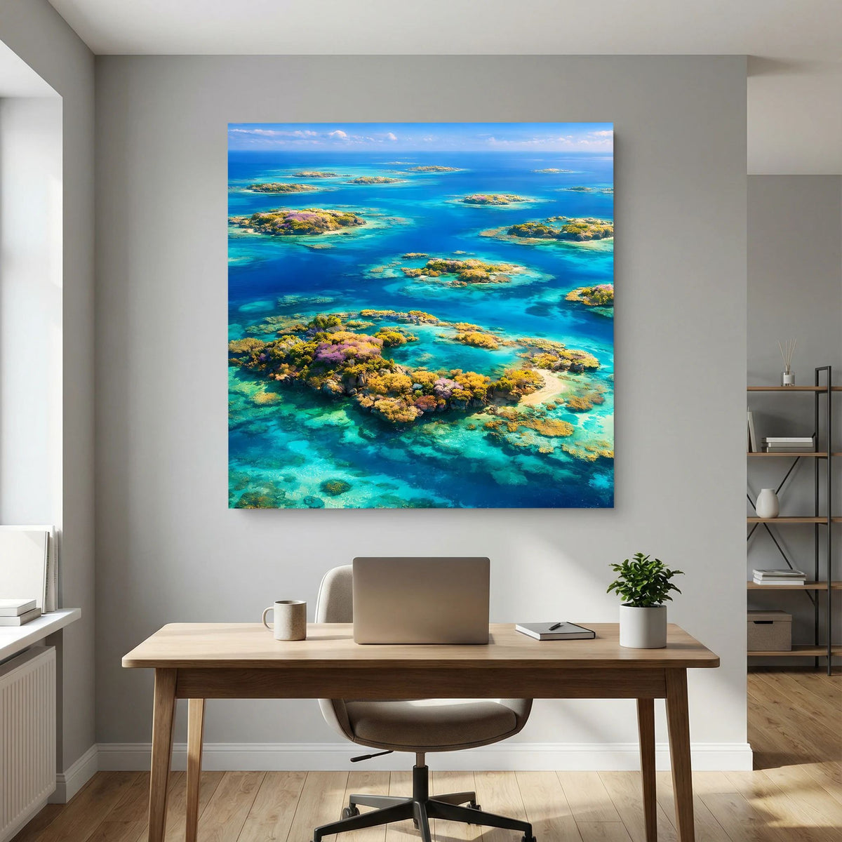 Wandbild mit türkisfarbenem Atoll auf Holzkeilrahmen, Inseln mit Vegetation im Meerblick