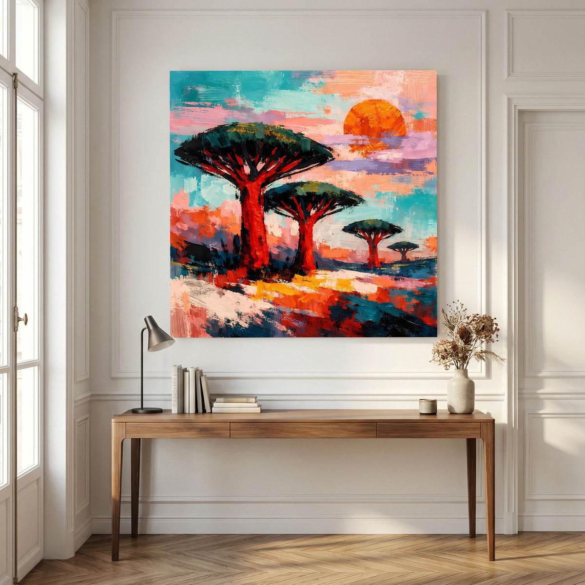 Leinwandbild Savannenbäume, abstrakt gemalt mit orangefarber Sonne im türkis-rosa Himmel