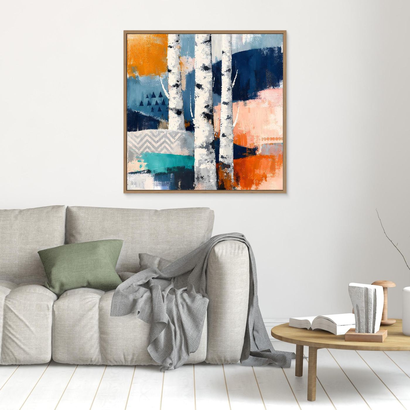 Leinwandbild mit abstrakten Birkenstämmen in Weiß, Blau- und Orangeflächen, Holzrahmen