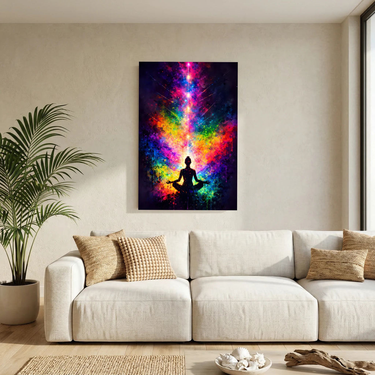 Hochformatiges Poster: sitzende Meditationsfigur vor bunt leuchtendem Farbspektrum