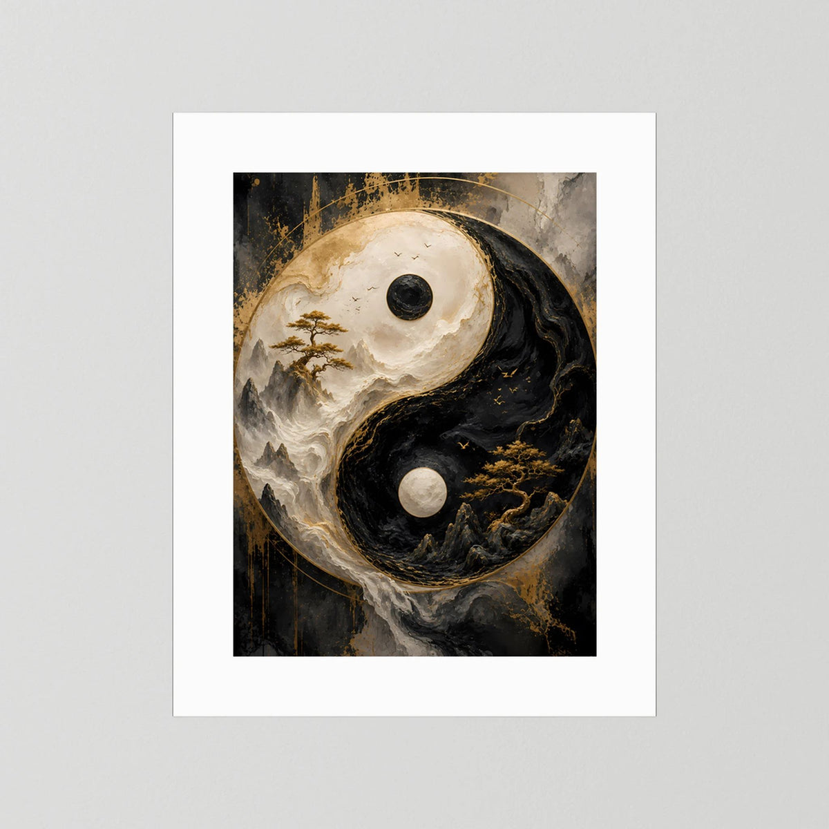 Vertikales Poster mit Yin-Yang-Motiv und weißem Rand, Schwarz-Gold, Berglandschaft