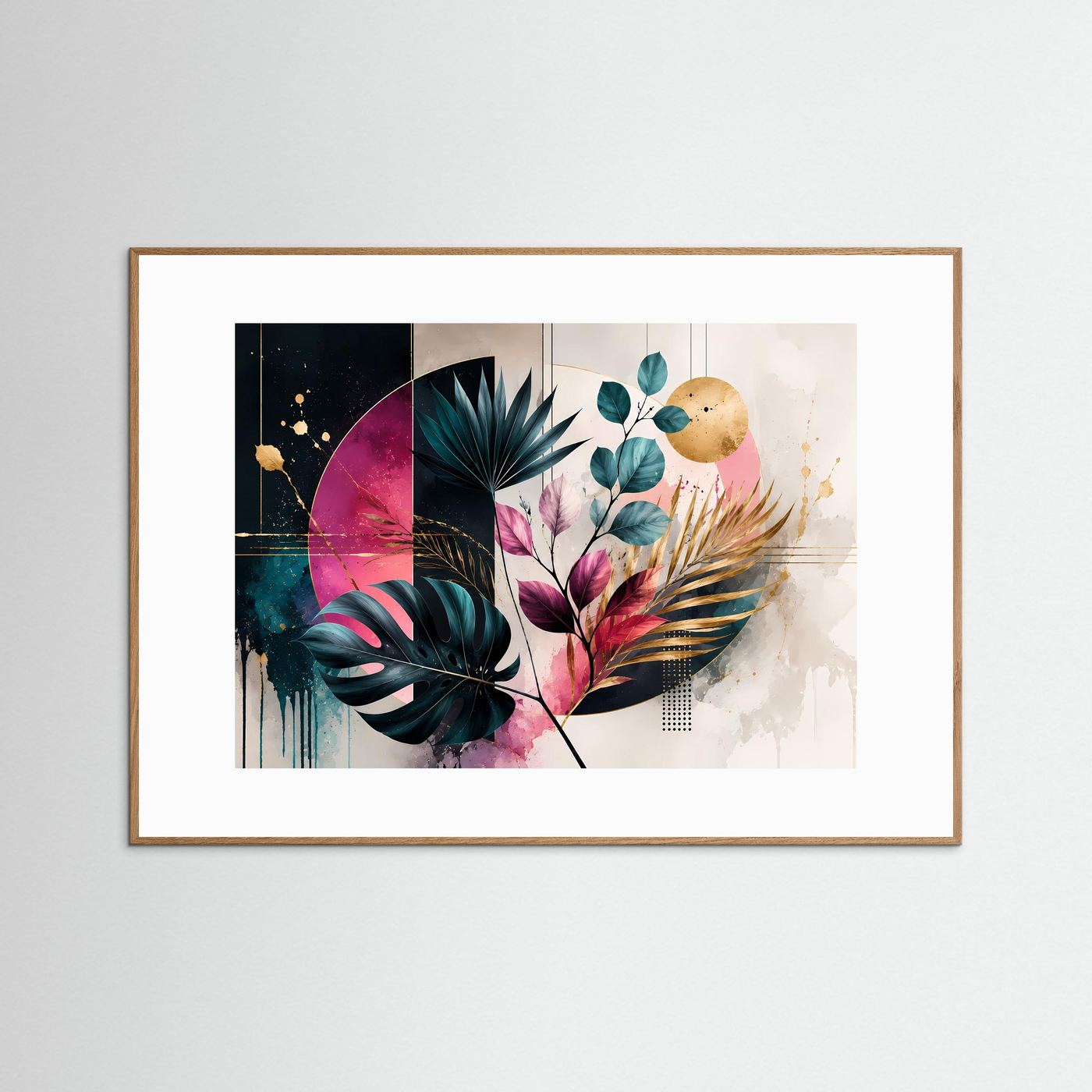 Abstrakte Botanik Poster | Moderne Blätter Wandkunst | Geometrische Pflanzen Kunst | Tropical Boho Leinwand | Gold & Pink Design Bild
