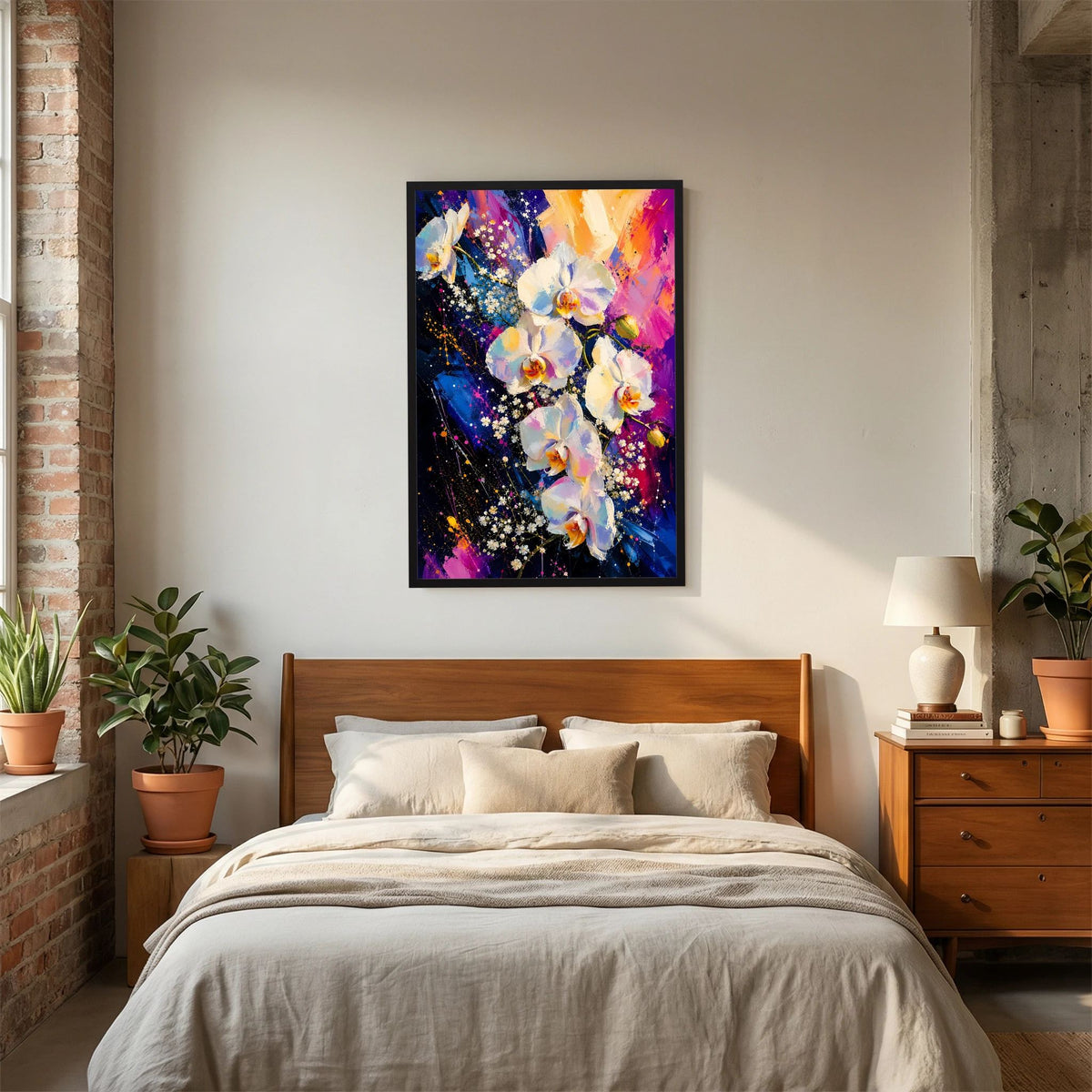 Poster mit abstrakten weißen Orchideen in Pink, Blau und Gold, schwarzer Rahmen