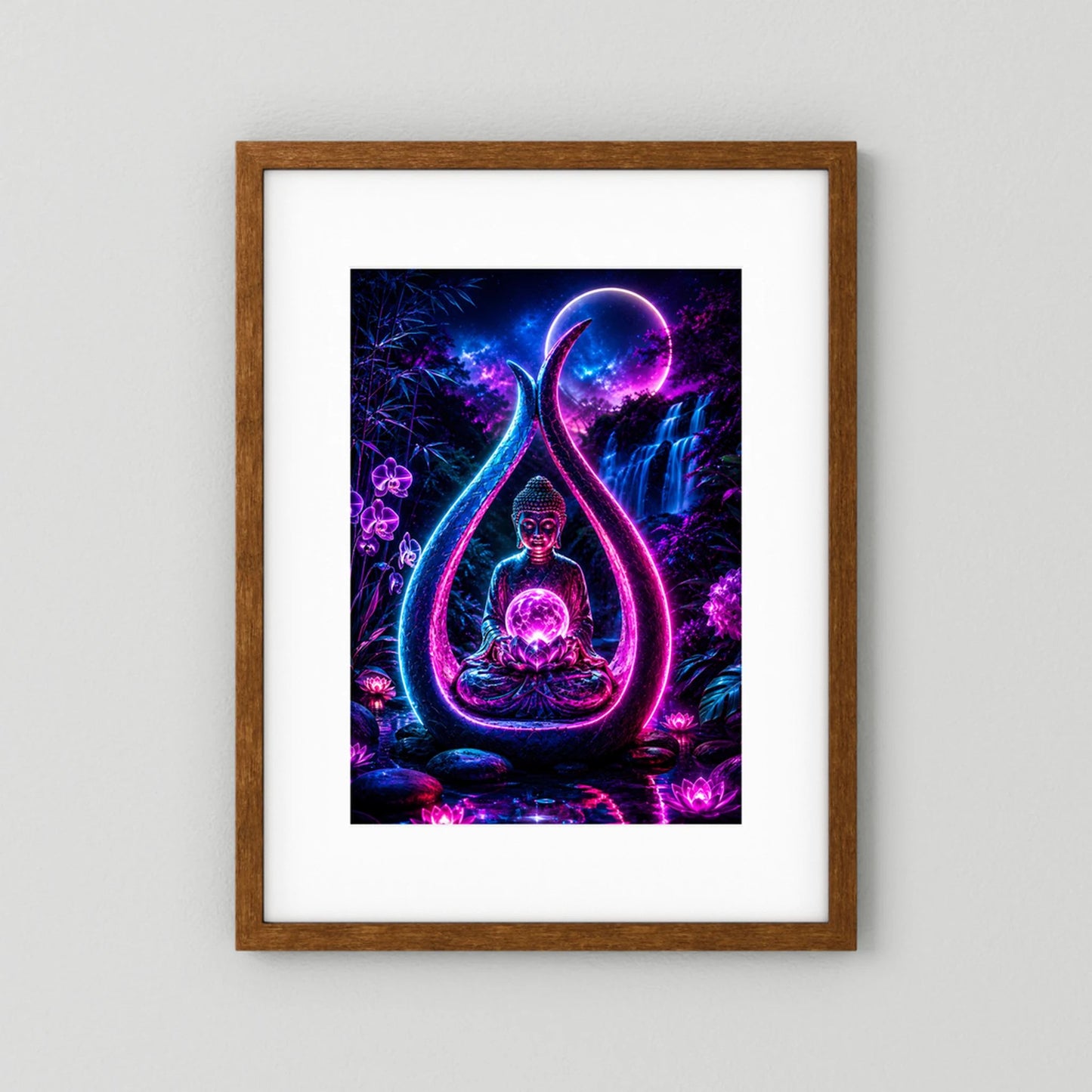 Neon-Poster im Hochformat: Buddha mit Lotus und leuchtenden Bögen, brauner Rahmen