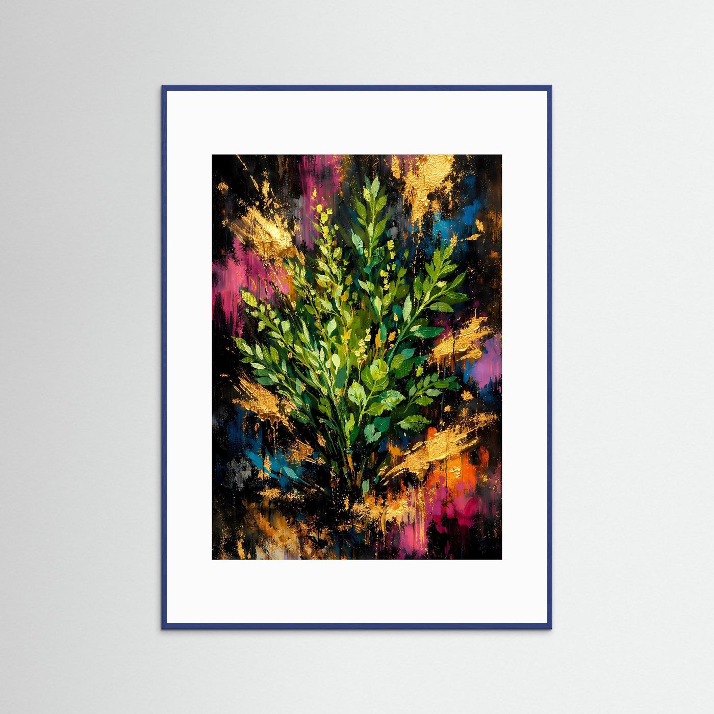 Abstraktes Eukalyptus-Poster im Hochformat, grüne Blätter mit bunten Farbspritzern, blauer Rahmen