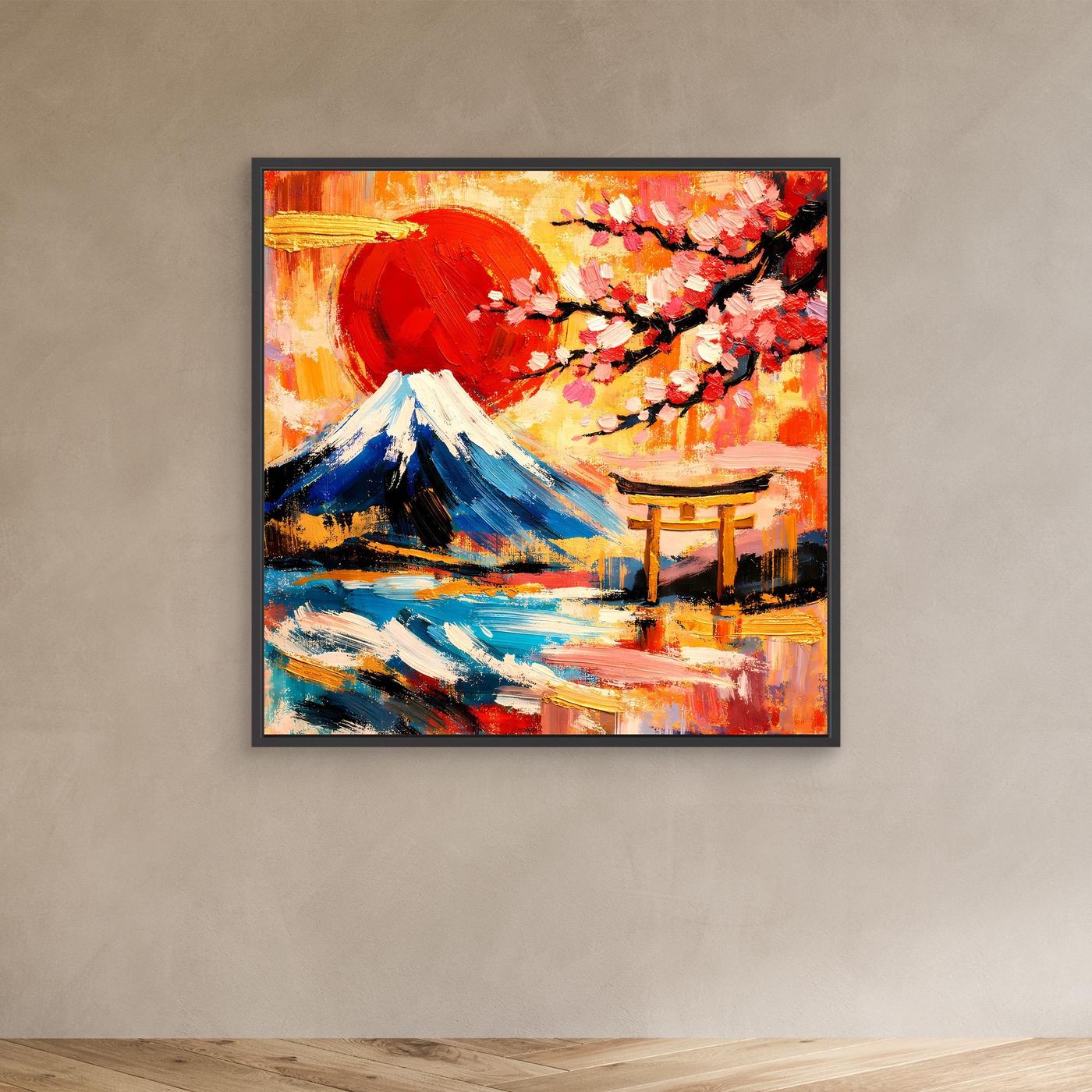 Leinwandbild mit Berg Fuji, rotem Torii und Kirschblüten, abstrakt, schwarzer Rahmen