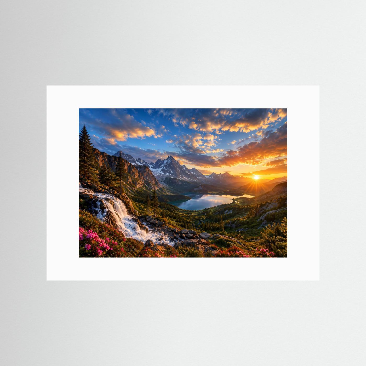 Epischer Wasserfall in den Alpen bei Sonnenuntergang | Panorama Natur Poster Querformat