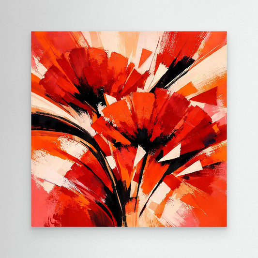 Abstraktes Leinwandbild mit geometrischen Mohnblüten in Rot und Orange, ohne sichtbaren Rahmen