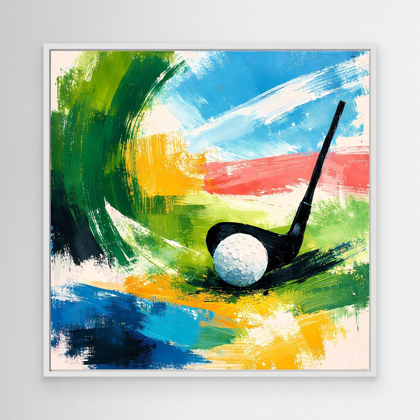 Abstraktes Leinwand-Wandbild mit Golfschläger und Ball im weißen Rahmen, grün-blau-gelb-rot.