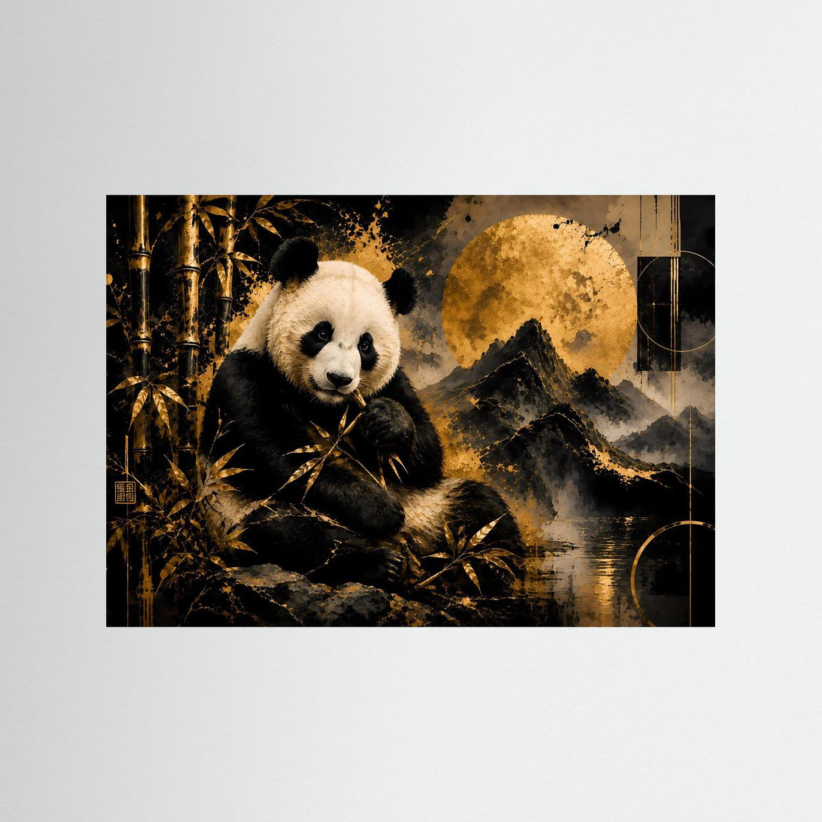 Gerahmtes Poster im Querformat mit Panda und Bambus, goldbraunem Hintergrundstil