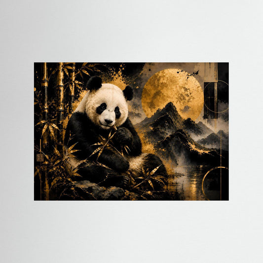 Gerahmtes Poster im Querformat mit Panda und Bambus, goldbraunem Hintergrundstil